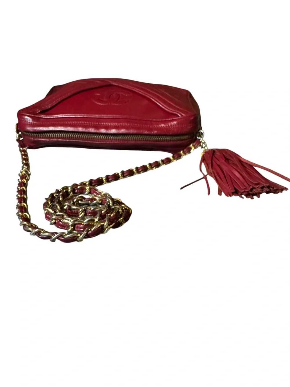 Vintage CHANEL Chevron Lambskin Tassel Camera Bag Red Gold HW 0-Series 1986-1988